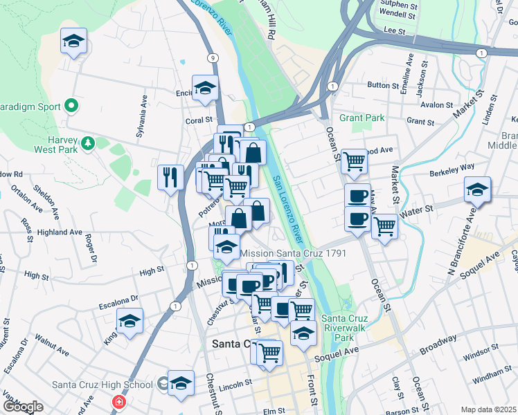map of restaurants, bars, coffee shops, grocery stores, and more near 318 River Street in Santa Cruz