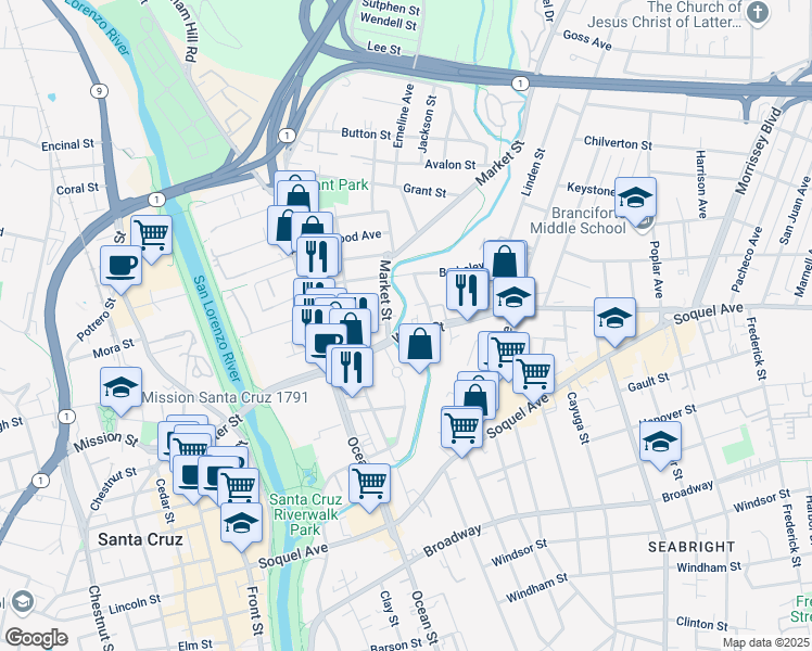 map of restaurants, bars, coffee shops, grocery stores, and more near 116 Market Street in Santa Cruz