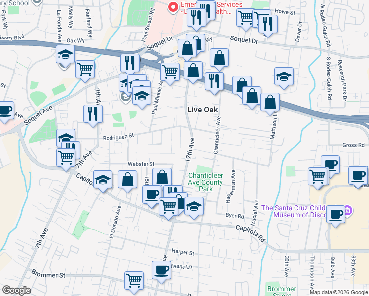 map of restaurants, bars, coffee shops, grocery stores, and more near 2130 17th Avenue in Santa Cruz