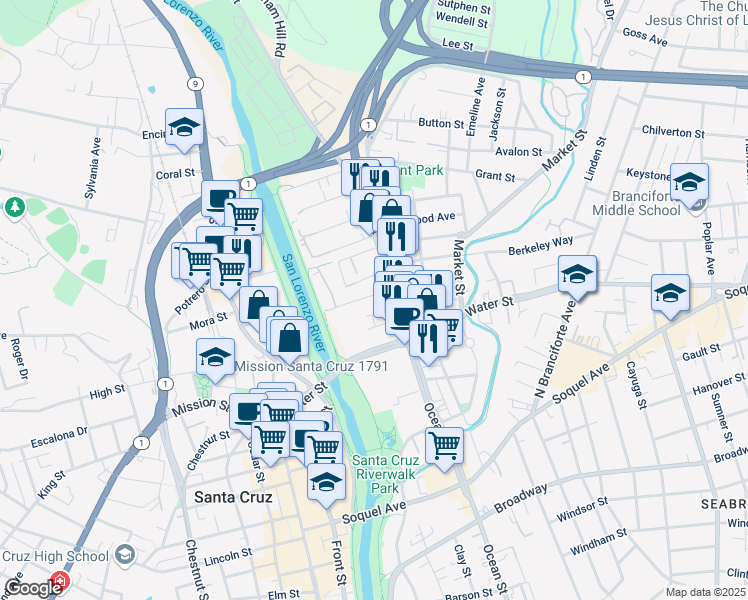 map of restaurants, bars, coffee shops, grocery stores, and more near 138 Blaine Street in Santa Cruz