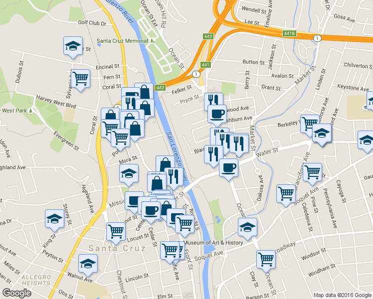 map of restaurants, bars, coffee shops, grocery stores, and more near 170 Blaine Street in Santa Cruz