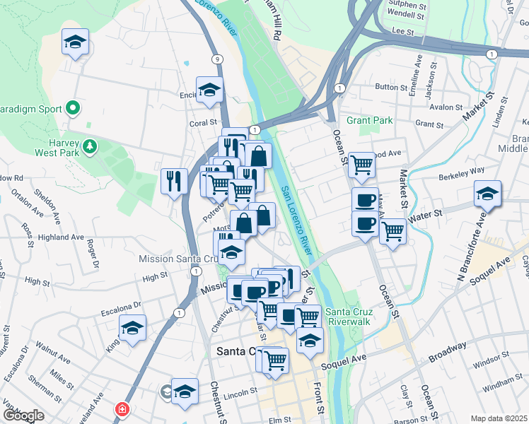 map of restaurants, bars, coffee shops, grocery stores, and more near 318 River Street in Santa Cruz