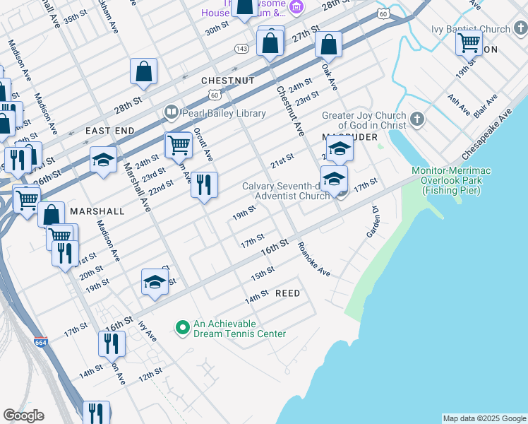 map of restaurants, bars, coffee shops, grocery stores, and more near 1805 Orcutt Avenue in Newport News