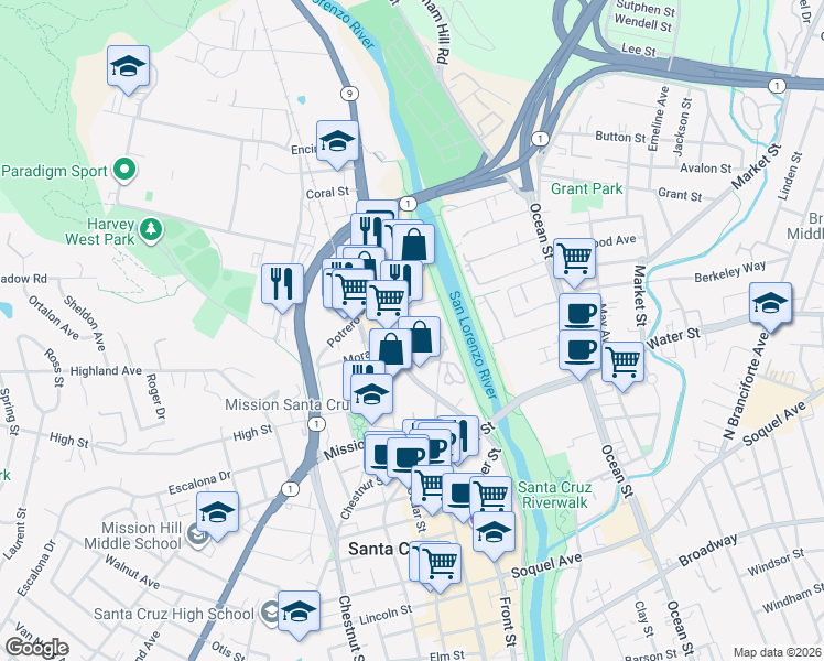 map of restaurants, bars, coffee shops, grocery stores, and more near 308 River Street in Santa Cruz