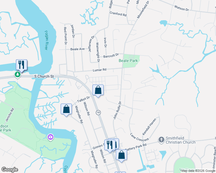 map of restaurants, bars, coffee shops, grocery stores, and more near 100 Durham Street in Smithfield