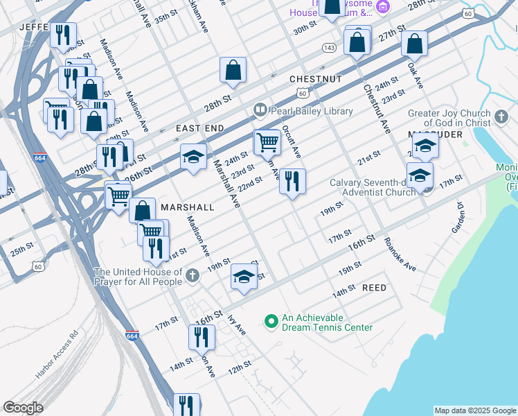 map of restaurants, bars, coffee shops, grocery stores, and more near 825 21st Street in Newport News
