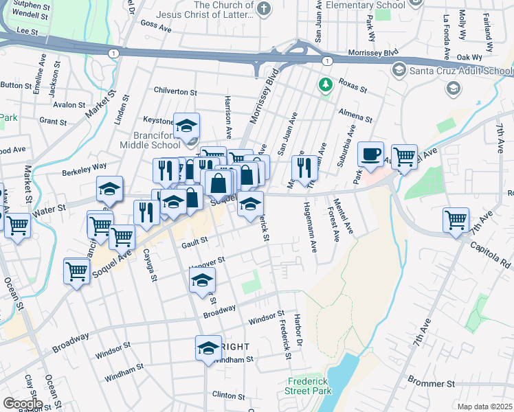 map of restaurants, bars, coffee shops, grocery stores, and more near 1414 Soquel Avenue in Santa Cruz