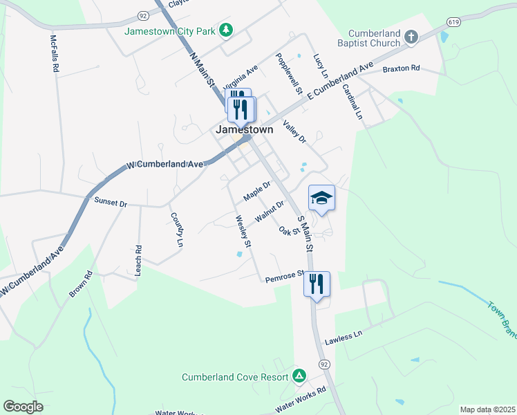 map of restaurants, bars, coffee shops, grocery stores, and more near 45 Oak Street in Jamestown