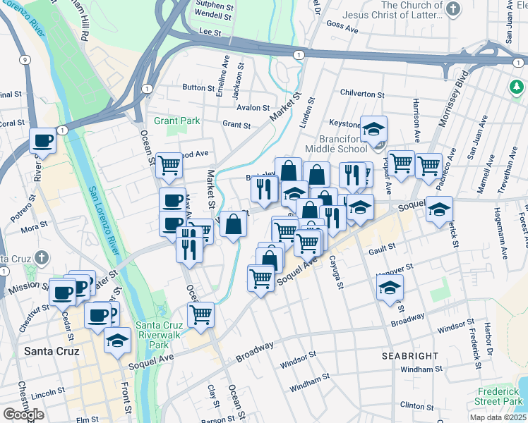 map of restaurants, bars, coffee shops, grocery stores, and more near 736 Water Street in Santa Cruz