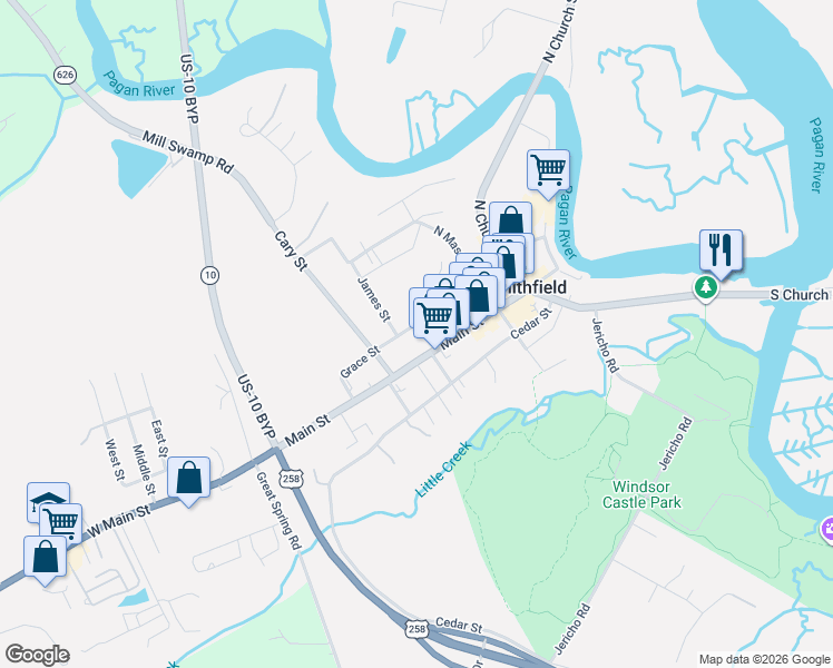 map of restaurants, bars, coffee shops, grocery stores, and more near 321 Grace Street in Smithfield