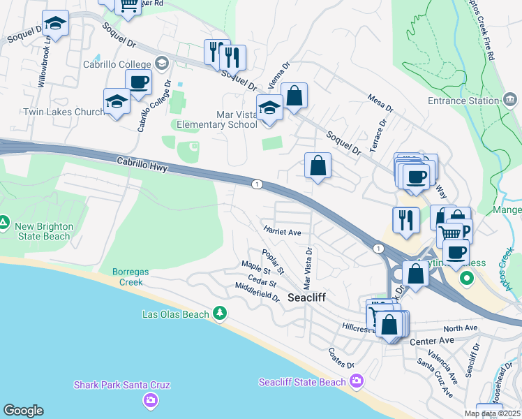 map of restaurants, bars, coffee shops, grocery stores, and more near 600 Cabrillo Park Court in Aptos