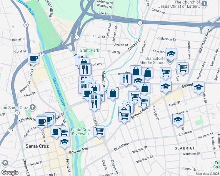 map of restaurants, bars, coffee shops, grocery stores, and more near 631 Water Street in Santa Cruz