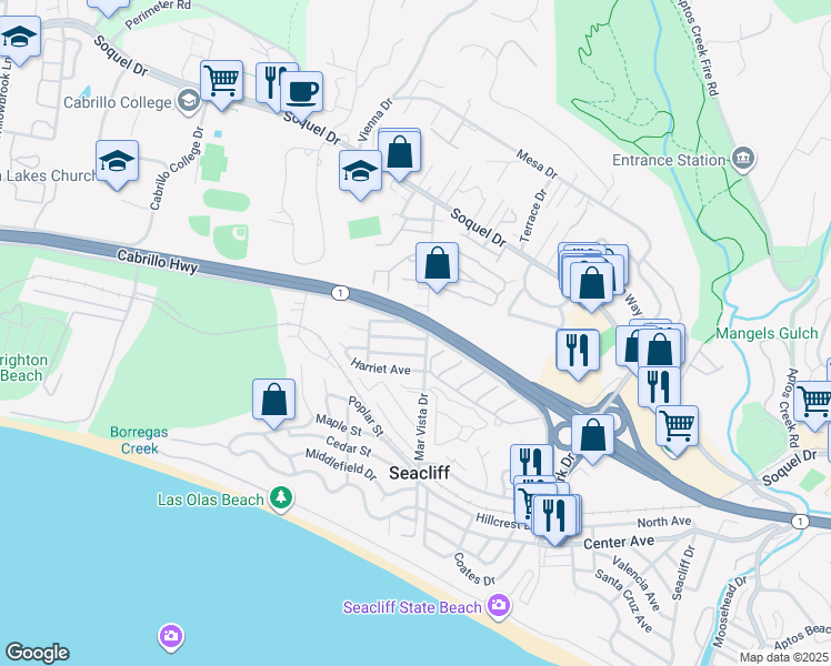 map of restaurants, bars, coffee shops, grocery stores, and more near 506 Gertrude Avenue in Aptos