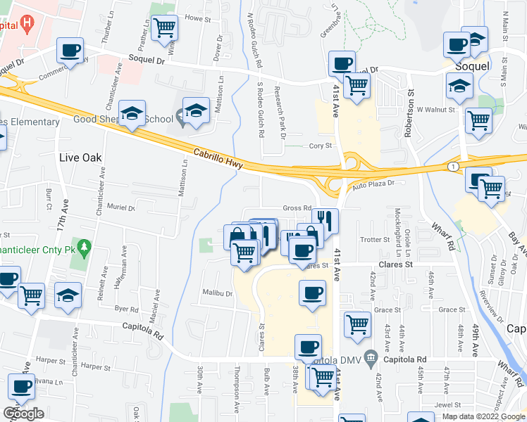 map of restaurants, bars, coffee shops, grocery stores, and more near 3500 Gross Road in Santa Cruz