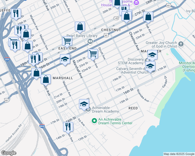map of restaurants, bars, coffee shops, grocery stores, and more near 850 21st Street in Newport News
