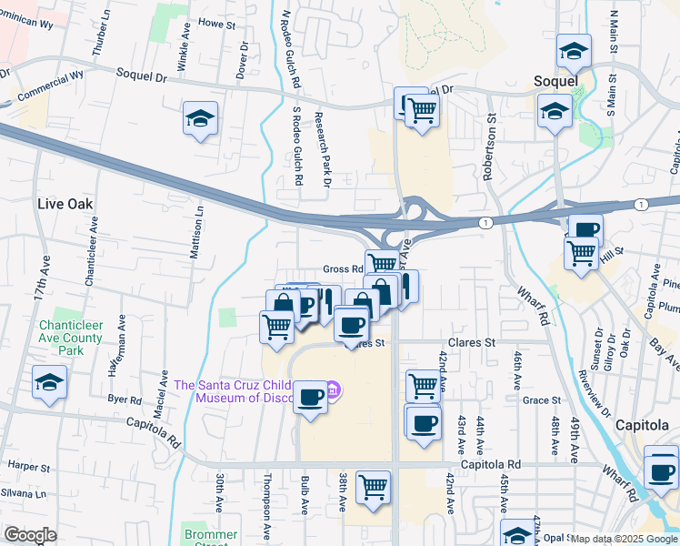 map of restaurants, bars, coffee shops, grocery stores, and more near 3710 Gross Road in Santa Cruz