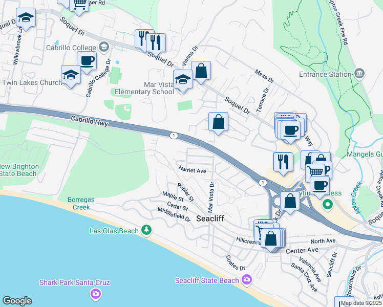 map of restaurants, bars, coffee shops, grocery stores, and more near 524 Gertrude Avenue in Aptos