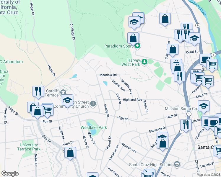 map of restaurants, bars, coffee shops, grocery stores, and more near 244 Ross Street in Santa Cruz
