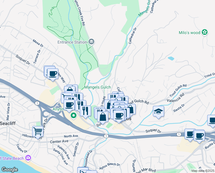 map of restaurants, bars, coffee shops, grocery stores, and more near 119 Mattison Lane in Aptos