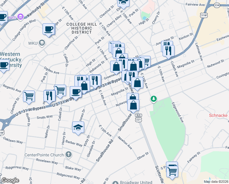 map of restaurants, bars, coffee shops, grocery stores, and more near 1029 East 13th Avenue in Bowling Green