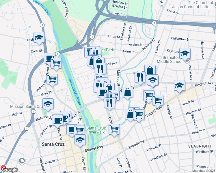 map of restaurants, bars, coffee shops, grocery stores, and more near 431 May Avenue in Santa Cruz