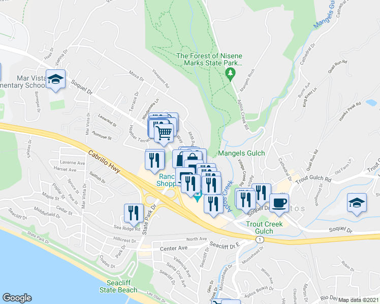 map of restaurants, bars, coffee shops, grocery stores, and more near 3595 East Ledyard Way in Aptos