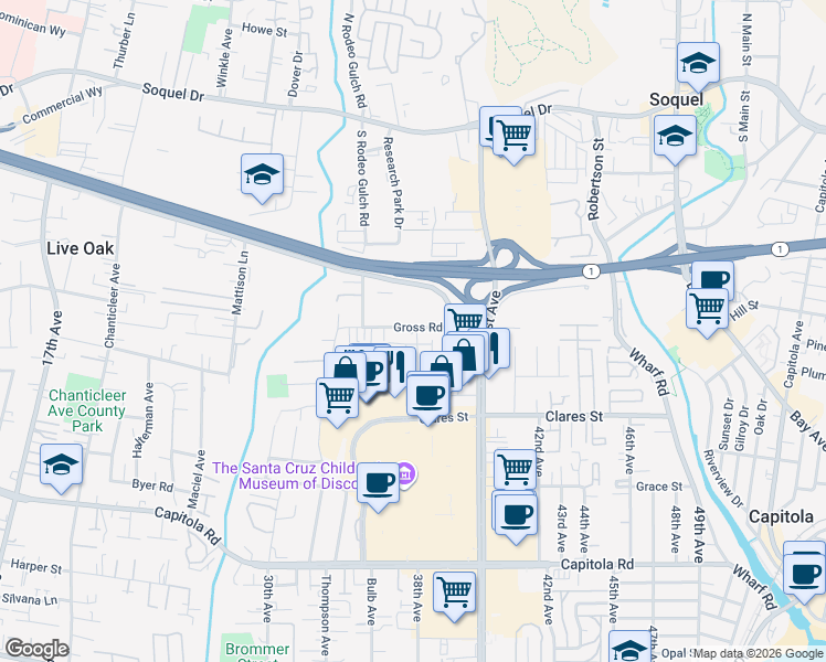 map of restaurants, bars, coffee shops, grocery stores, and more near 3630 Gross Road in Santa Cruz