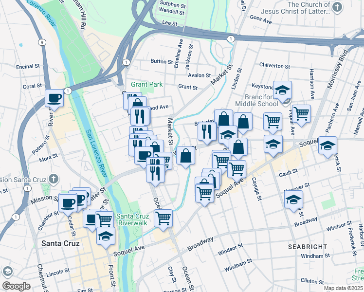 map of restaurants, bars, coffee shops, grocery stores, and more near 631 Water Street in Santa Cruz