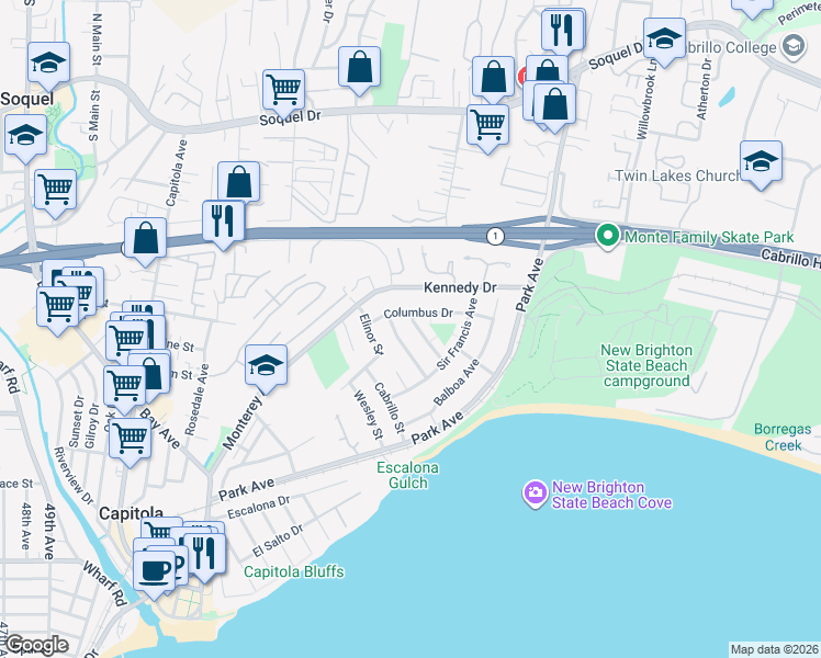map of restaurants, bars, coffee shops, grocery stores, and more near 205 Cortez Street in Capitola