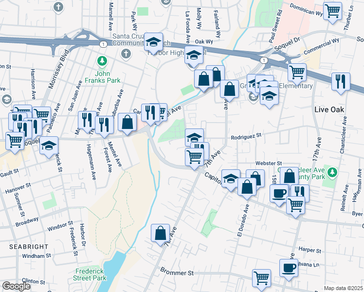 map of restaurants, bars, coffee shops, grocery stores, and more near 465 Glenada Lane in Santa Cruz