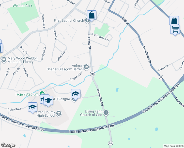 map of restaurants, bars, coffee shops, grocery stores, and more near 501-575 Roseville Road in Glasgow