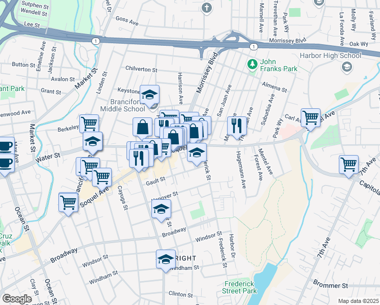 map of restaurants, bars, coffee shops, grocery stores, and more near 1414 Soquel Avenue in Santa Cruz