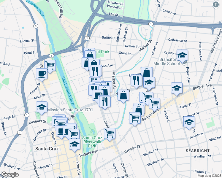 map of restaurants, bars, coffee shops, grocery stores, and more near 50 Victorian Court in Santa Cruz