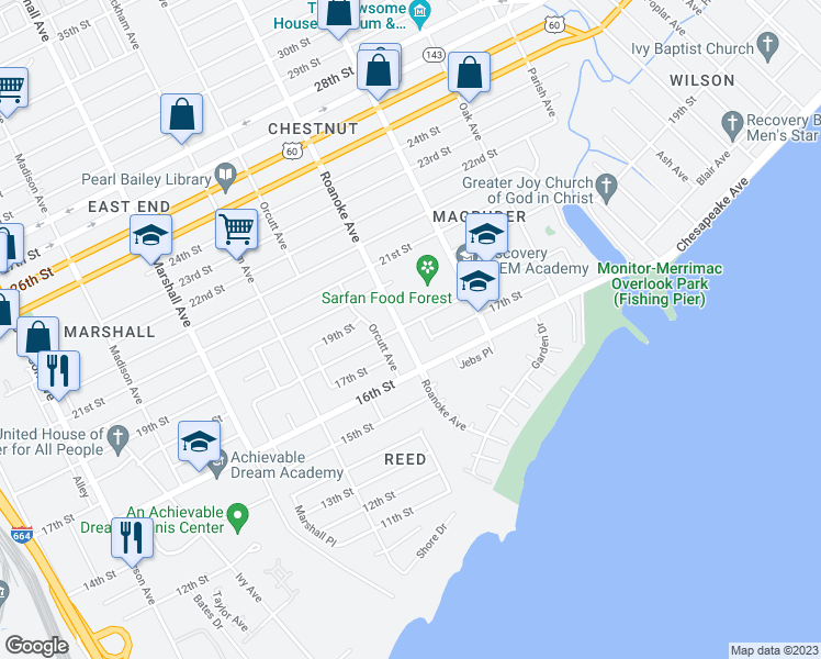 map of restaurants, bars, coffee shops, grocery stores, and more near 1632 Roanoke Avenue in Newport News