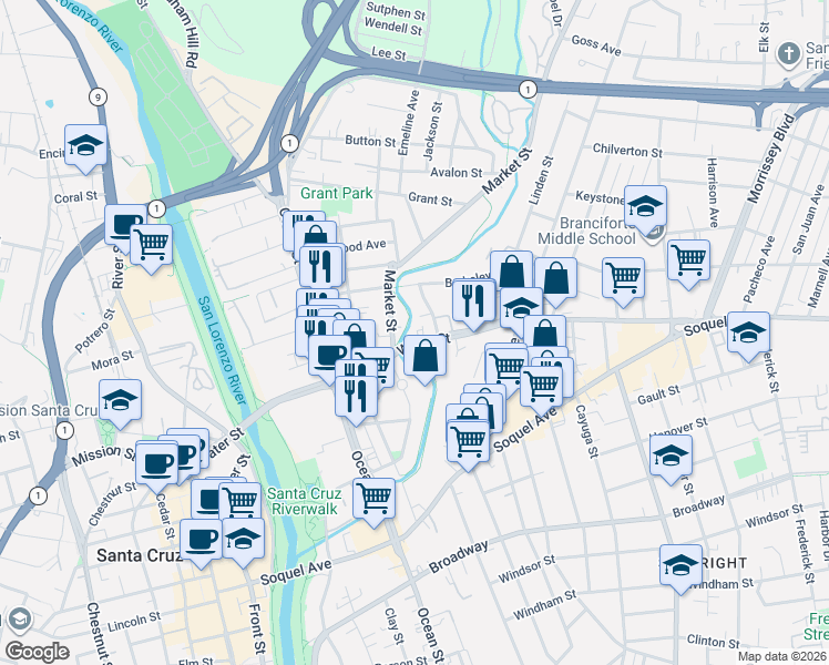 map of restaurants, bars, coffee shops, grocery stores, and more near 617 Water Street in Santa Cruz