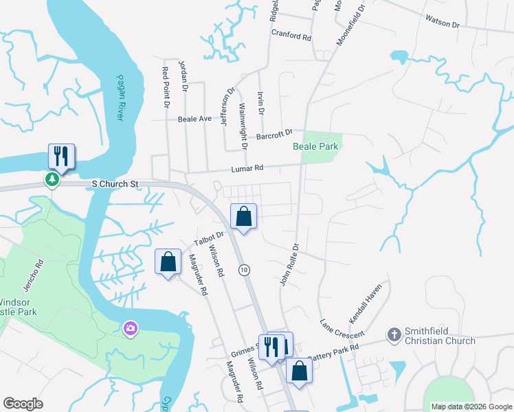 map of restaurants, bars, coffee shops, grocery stores, and more near 100 Durham Street in Smithfield