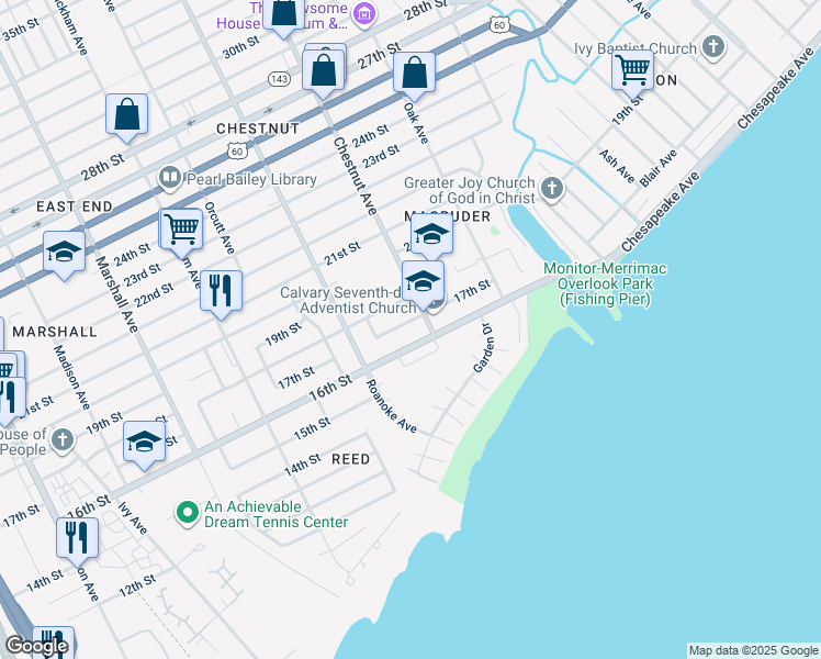 map of restaurants, bars, coffee shops, grocery stores, and more near 1152 17th Street in Newport News