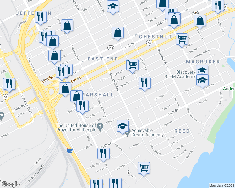 map of restaurants, bars, coffee shops, grocery stores, and more near 2119 Marshall Ave in Newport News