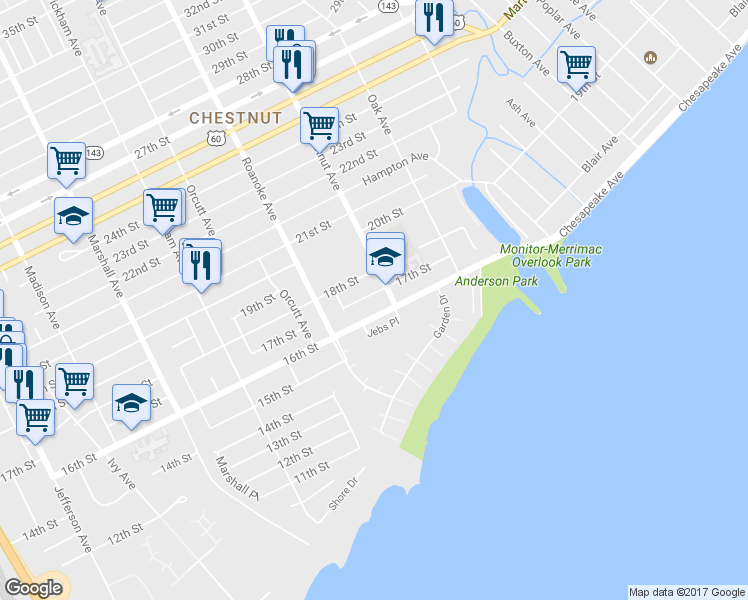 map of restaurants, bars, coffee shops, grocery stores, and more near 1152 17th Street in Newport News