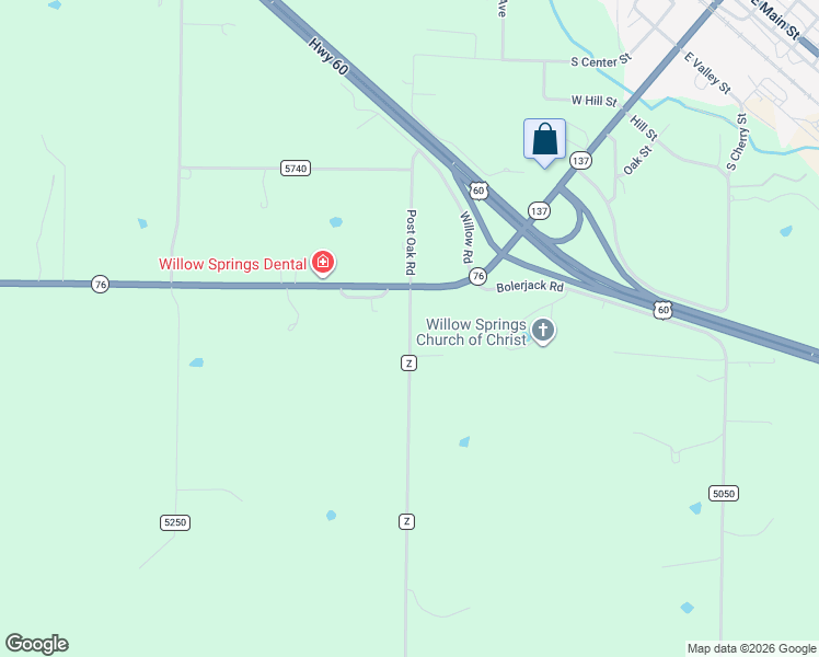 map of restaurants, bars, coffee shops, grocery stores, and more near 1045 State Highway Z in Willow Springs