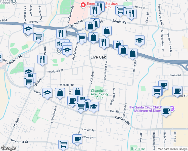 map of restaurants, bars, coffee shops, grocery stores, and more near 2130 17th Avenue in Santa Cruz