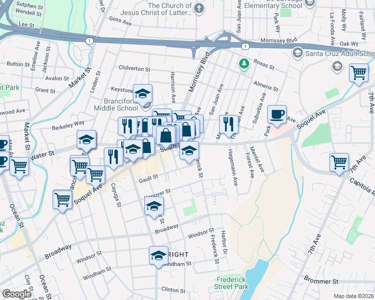 map of restaurants, bars, coffee shops, grocery stores, and more near 1414 Soquel Avenue in Santa Cruz