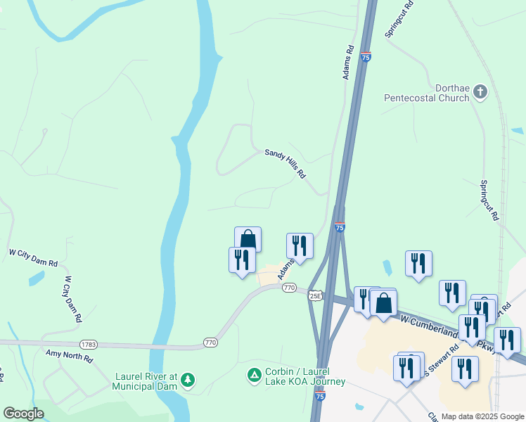 map of restaurants, bars, coffee shops, grocery stores, and more near 185 Sandy Hills Lane in Corbin