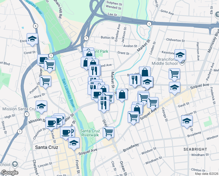 map of restaurants, bars, coffee shops, grocery stores, and more near 50 Victorian Court in Santa Cruz