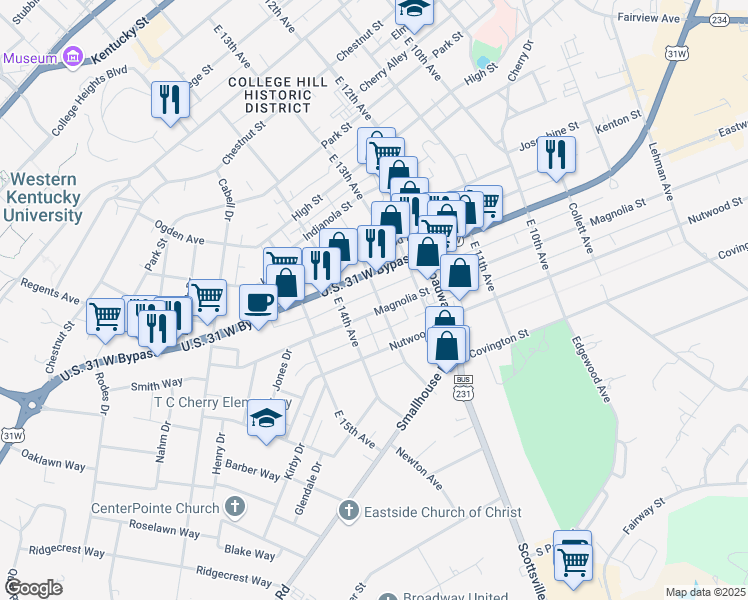 map of restaurants, bars, coffee shops, grocery stores, and more near 1029 East 13th Avenue in Bowling Green