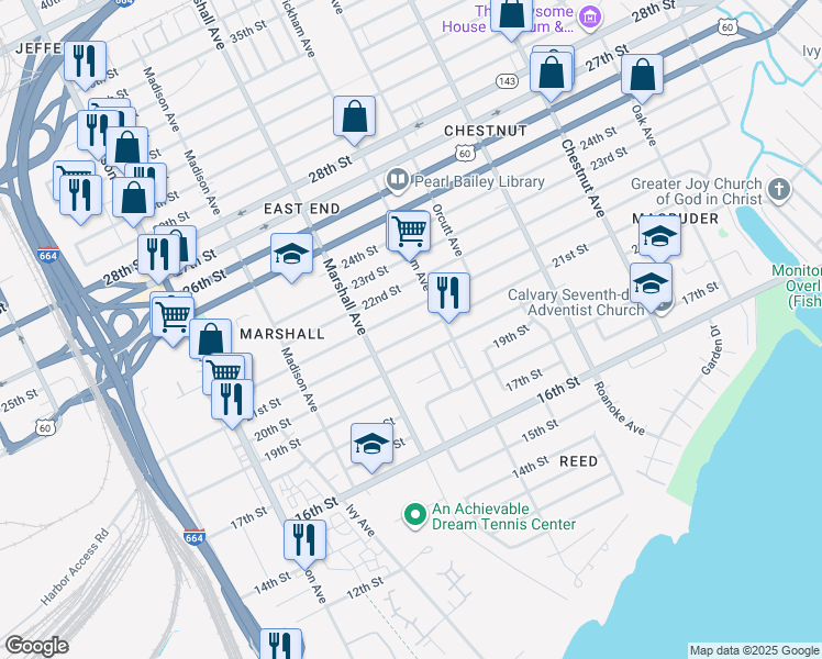 map of restaurants, bars, coffee shops, grocery stores, and more near 850 21st Street in Newport News