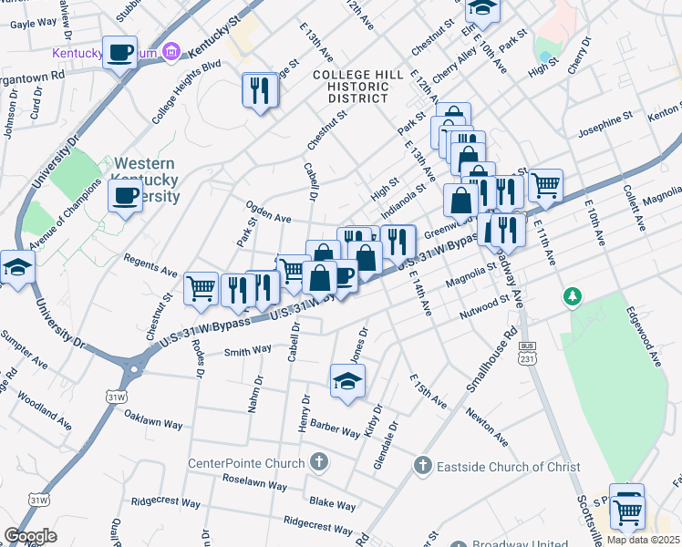 map of restaurants, bars, coffee shops, grocery stores, and more near 704 East 16th Avenue in Bowling Green