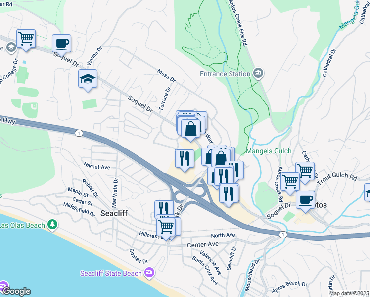 map of restaurants, bars, coffee shops, grocery stores, and more near 143 Tulip Lane in Aptos