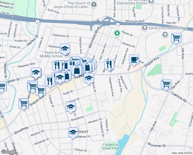 map of restaurants, bars, coffee shops, grocery stores, and more near 1606 Soquel Avenue in Santa Cruz