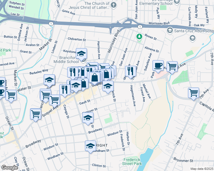 map of restaurants, bars, coffee shops, grocery stores, and more near 1414 Soquel Avenue in Santa Cruz